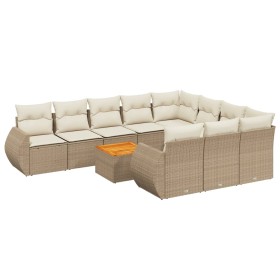 vidaXL 11-tlg. Garten-Sofagarnitur mit Kissen Beige Poly Rattan
