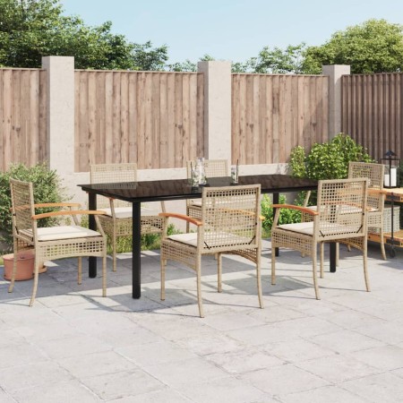 vidaXL 7-tlg. Garten-Essgruppe mit Kissen Beige Poly Rattan