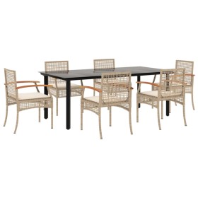 vidaXL 7-tlg. Garten-Essgruppe mit Kissen Beige Poly Rattan