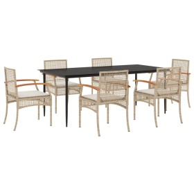 vidaXL 7-tlg. Garten-Essgruppe mit Kissen Beige Poly Rattan