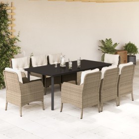 vidaXL 9-tlg. Garten-Essgruppe mit Kissen Beige Poly Rattan