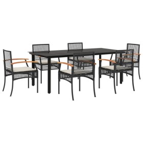 vidaXL 7-tlg. Garten-Essgruppe mit Kissen Schwarz Poly Rattan