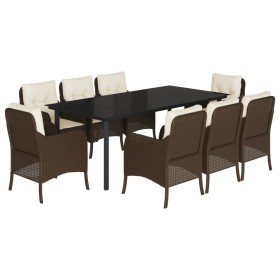 vidaXL 9-tlg. Garten-Essgruppe mit Kissen Braun Poly Rattan