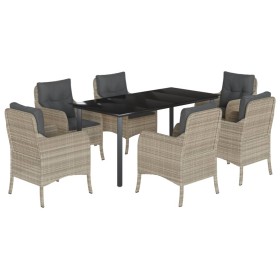 vidaXL 7-tlg. Garten-Essgruppe mit Kissen Hellgrau Poly Rattan