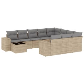 vidaXL 11-tlg. Garten-Sofagarnitur mit Kissen Beige Poly Rattan