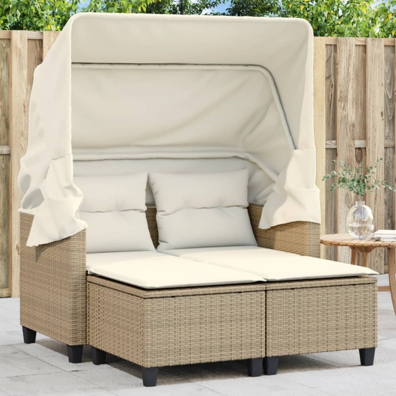 vidaXL Gartensofa 2-Sitzer mit Dach und Hockern Beige Poly Rattan vidaXL Gartensofa 2-Sitzer mit Dach und Hockern Beige Poly Rattan
