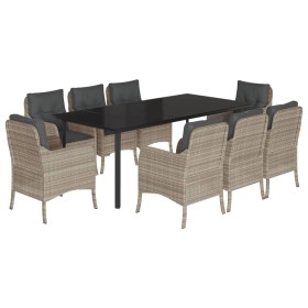 vidaXL 9-tlg. Garten-Essgruppe mit Kissen Hellgrau Poly Rattan