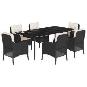 vidaXL 7-tlg. Garten-Essgruppe mit Kissen Schwarz Poly Rattan