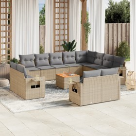 vidaXL 13-tlg. Garten-Sofagarnitur mit Kissen Beige Poly Rattan