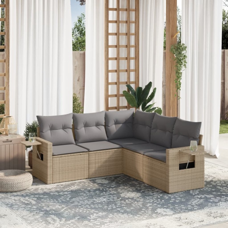 vidaXL 5-tlg. Garten-Sofagarnitur mit Kissen Beige Poly Rattan vidaXL 5-tlg. Garten-Sofagarnitur mit Kissen Beige Poly Rattan