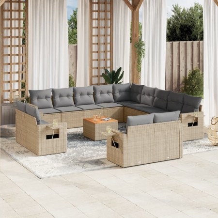 vidaXL 14-tlg. Garten-Sofagarnitur mit Kissen Beige Poly Rattan
