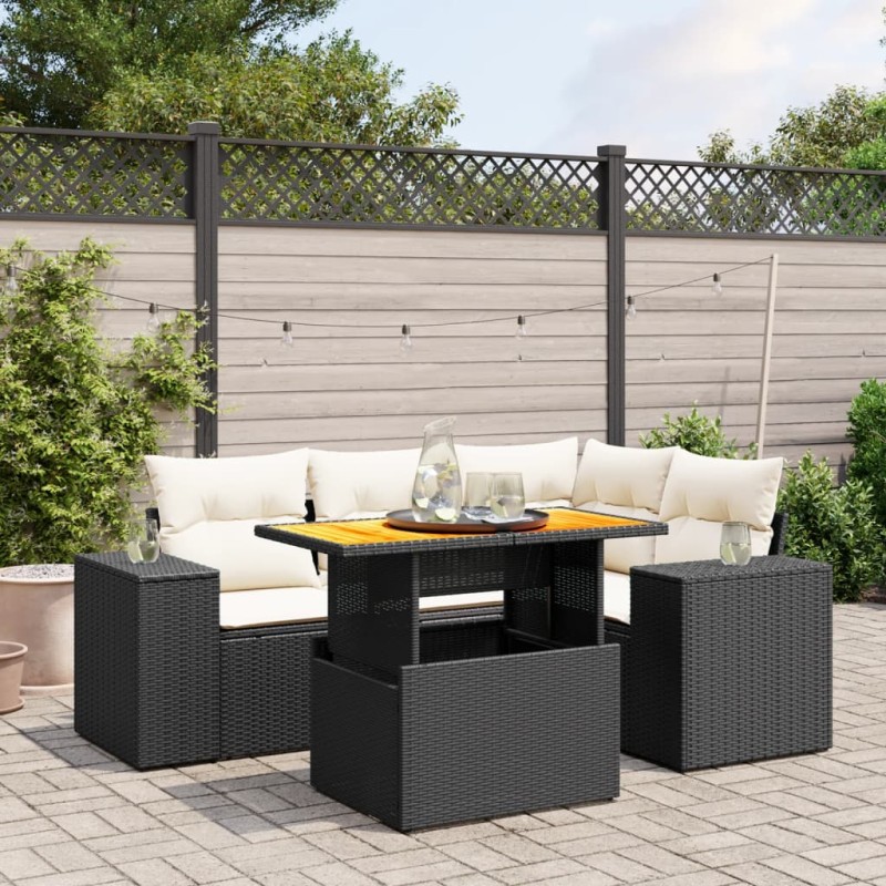 vidaXL 5-tlg. Garten-Sofagarnitur mit Kissen Schwarz Poly Rattan vidaXL 5-tlg. Garten-Sofagarnitur mit Kissen Schwarz Poly Rattan