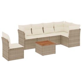 vidaXL 7-tlg. Garten-Sofagarnitur mit Kissen Beige Poly Rattan
