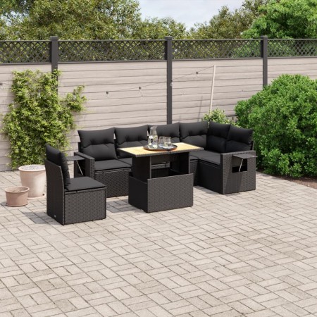 vidaXL 7-tlg. Garten-Sofagarnitur mit Kissen Schwarz Poly Rattan