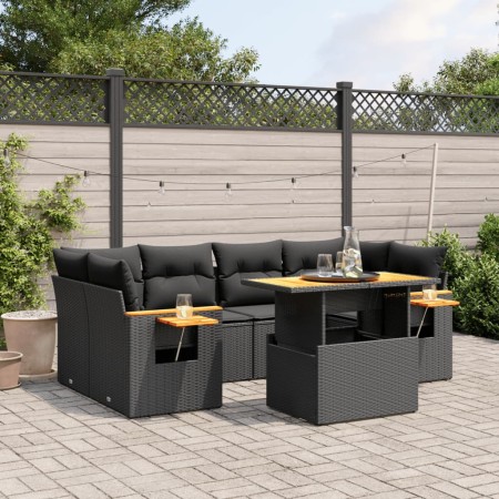 vidaXL 7-tlg. Garten-Sofagarnitur mit Kissen Schwarz Poly Rattan