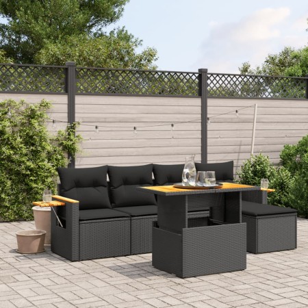 vidaXL 6-tlg. Garten-Sofagarnitur mit Kissen Schwarz Poly Rattan