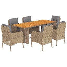 vidaXL 7-tlg. Garten-Essgruppe mit Kissen Beige Poly Rattan