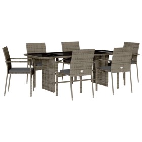vidaXL 7-tlg. Garten-Essgruppe mit Kissen Grau Poly Rattan