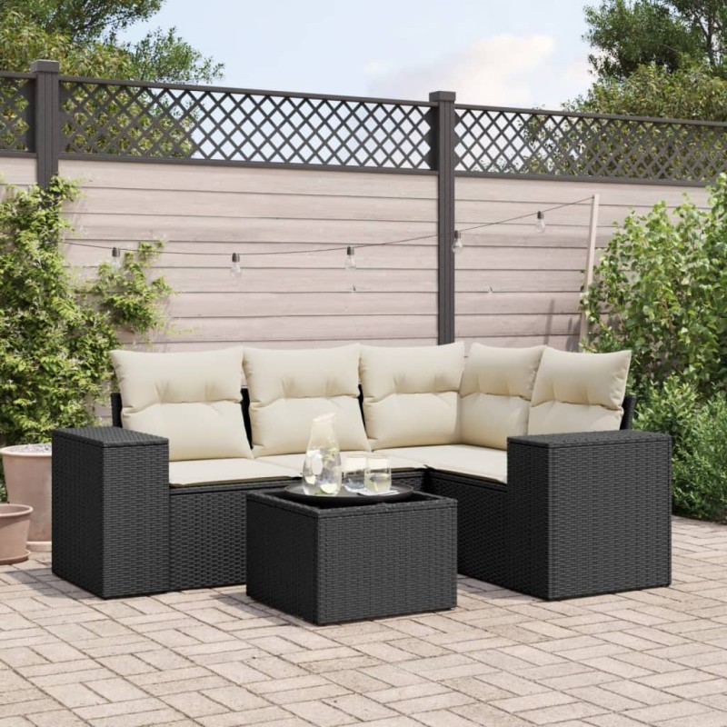 vidaXL 5-tlg. Garten-Sofagarnitur mit Kissen Schwarz Poly Rattan vidaXL 5-tlg. Garten-Sofagarnitur mit Kissen Schwarz Poly Rattan