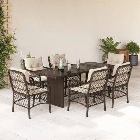 vidaXL 7-tlg. Garten-Essgruppe mit Kissen Braun Poly Rattan