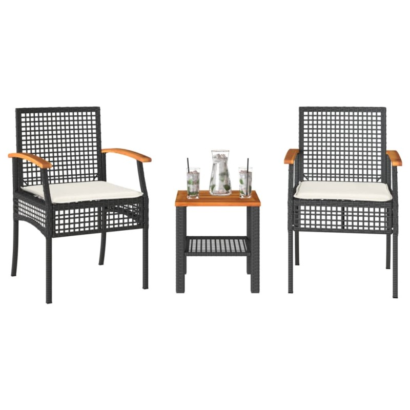 vidaXL 3-tlg. Bistro-Set mit Kissen Schwarz Poly Rattan Akazienholz vidaXL 3-tlg. Bistro-Set mit Kissen Schwarz Poly Rattan Akazienholz