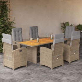 vidaXL 7-tlg. Garten-Essgruppe mit Kissen Beige Poly Rattan