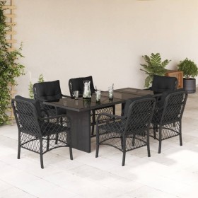 vidaXL 7-tlg. Garten-Essgruppe mit Kissen Schwarz Poly Rattan