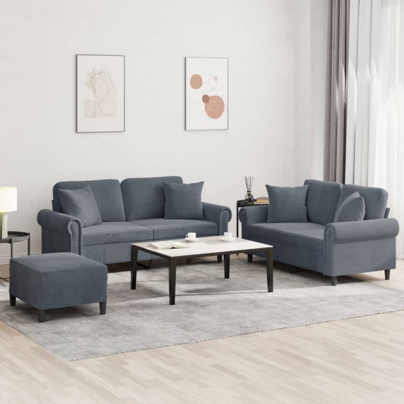 vidaXL 3-tlg. Sofagarnitur mit Kissen Dunkelgrau Samt vidaXL 3-tlg. Sofagarnitur mit Kissen Dunkelgrau Samt