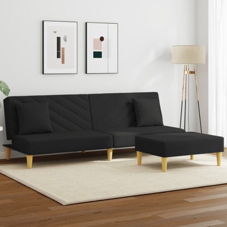 vidaXL Schlafsofa 2-Sitzer mit Kissen und Fußhocker Schwarz Stoff