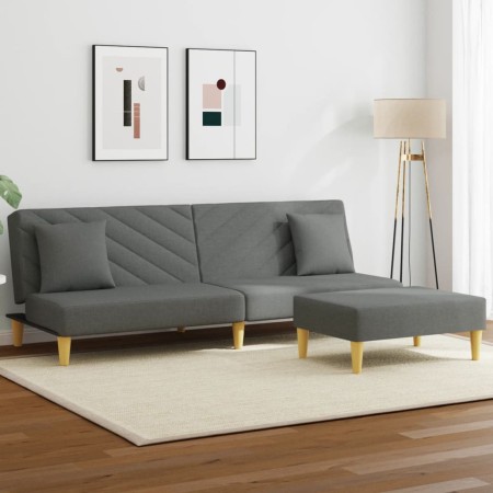 vidaXL Schlafsofa 2-Sitzer mit Kissen und Fußhocker Dunkelgrau Stoff