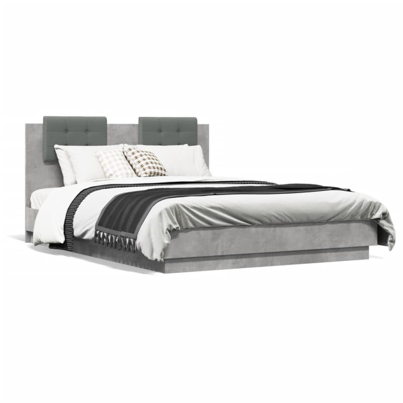 vidaXL Bettgestell mit Kopfteil und LED-Leuchten Betongrau 135x190 cm vidaXL Bettgestell mit Kopfteil und LED-Leuchten Betongrau 135x190 cm