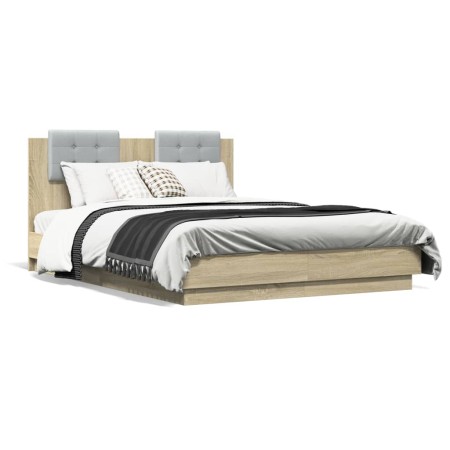 vidaXL Bettgestell mit Kopfteil & LED-Leuchten Sonoma-Eiche 135x190cm