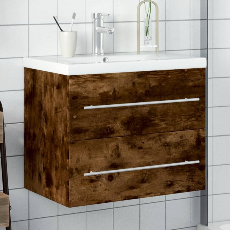 vidaXL Waschbeckenunterschrank mit Einbaubecken Räuchereiche vidaXL Waschbeckenunterschrank mit Einbaubecken Räuchereiche