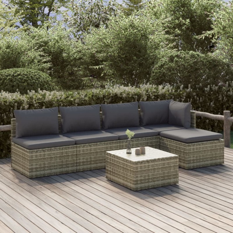vidaXL 6-tlg. Garten-Lounge-Set mit Kissen Grau Poly Rattan vidaXL 6-tlg. Garten-Lounge-Set mit Kissen Grau Poly Rattan