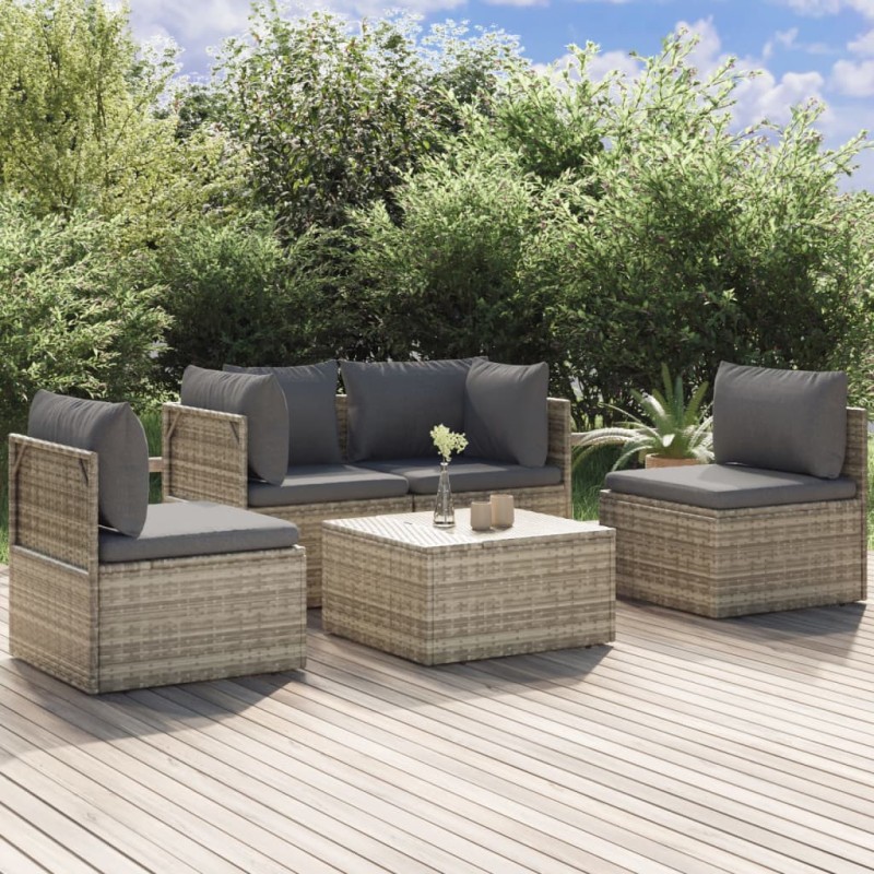 vidaXL 5-tlg. Garten-Lounge-Set mit Kissen Grau Poly Rattan vidaXL 5-tlg. Garten-Lounge-Set mit Kissen Grau Poly Rattan
