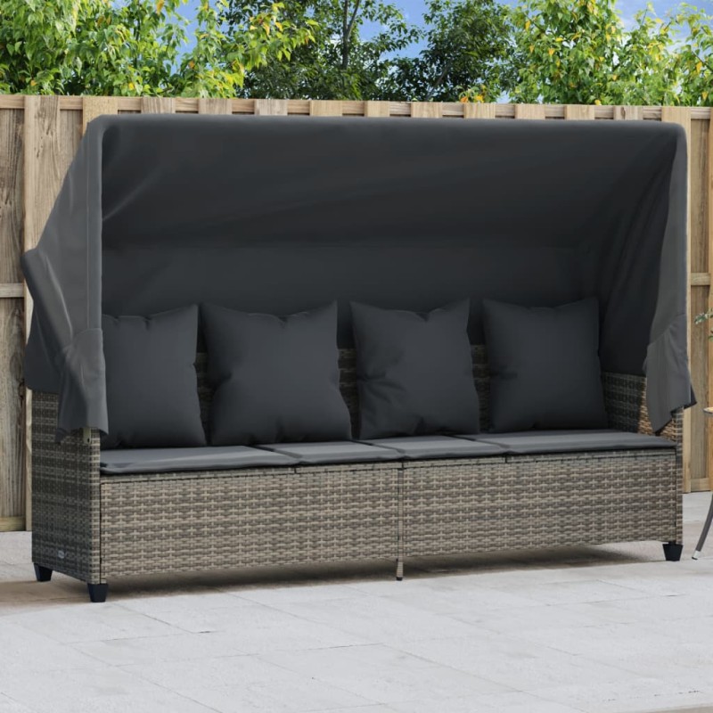 vidaXL Sonnenliege mit Dach und Kissen Grau Poly Rattan vidaXL Sonnenliege mit Dach und Kissen Grau Poly Rattan