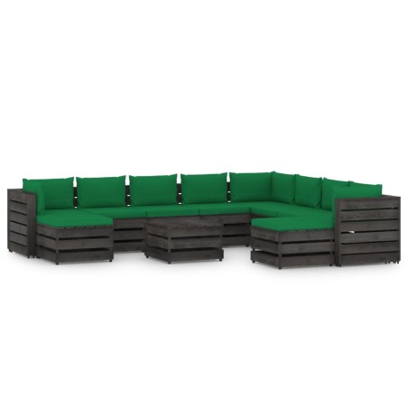 11-tlg. Garten-Lounge-Set mit Kissen Grau Imprägniertes Holz