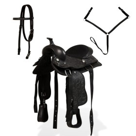 vidaXL Western-Sattel, Halfter & Brustblatt Echtleder 13" Schwarz