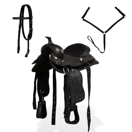 vidaXL Western-Sattel, Halfter & Brustblatt Echtleder 13" Schwarz