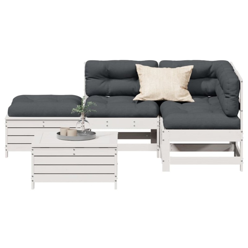vidaXL 5-tlg. Garten-Lounge-Set mit Kissen Weiß Massivholz Kiefer vidaXL 5-tlg. Garten-Lounge-Set mit Kissen Weiß Massivholz Kiefer