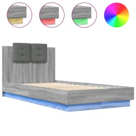vidaXL Bettgestell mit Kopfteil und LED-Leuchten Grau Sonoma 90x190 cm