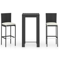 3-tlg. Gartenbar-Set mit Kissen Poly Rattan Schwarz