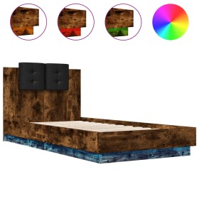 vidaXL Bettgestell mit Kopfteil und LED-Leuchten Räuchereiche 90x190cm