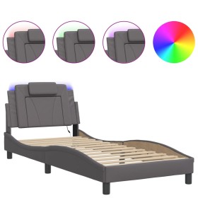 vidaXL Bettgestell mit LED Grau 90x190 cm Kunstleder
