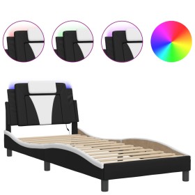 vidaXL Bettgestell mit LED Schwarz und Weiß 90x190 cm Kunstleder