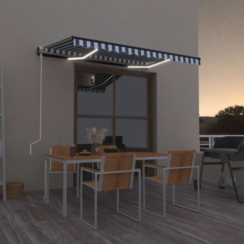 Automatische Markise mit LED Windsensor 400x300 cm Blau Weiß Automatische Markise mit LED Windsensor 400x300 cm Blau Weiß