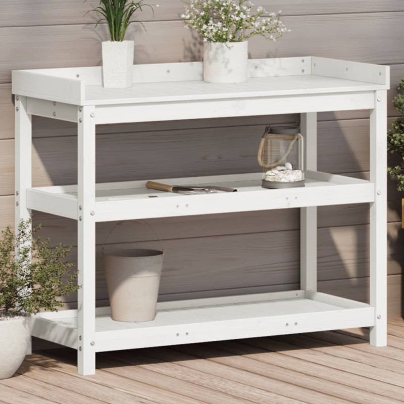 vidaXL Pflanztisch mit Ablagen Weiß 108x45x86,5 cm Massivholz Kiefer vidaXL Pflanztisch mit Ablagen Weiß 108x45x86,5 cm Massivholz Kiefer