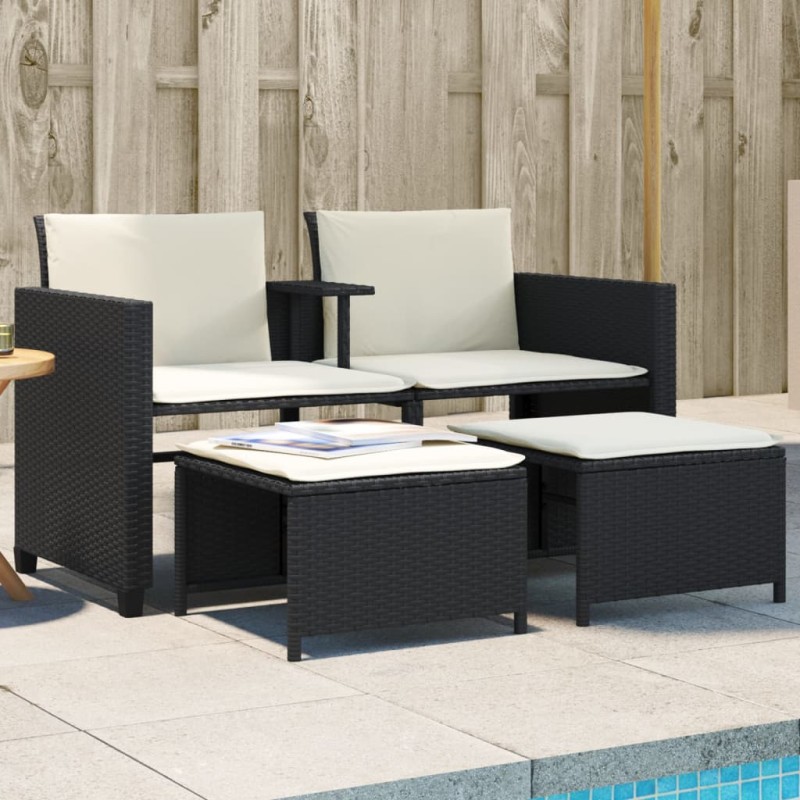 vidaXL Gartensofa 2-Sitzer mit Tisch und Hockern Schwarz Poly Rattan vidaXL Gartensofa 2-Sitzer mit Tisch und Hockern Schwarz Poly Rattan