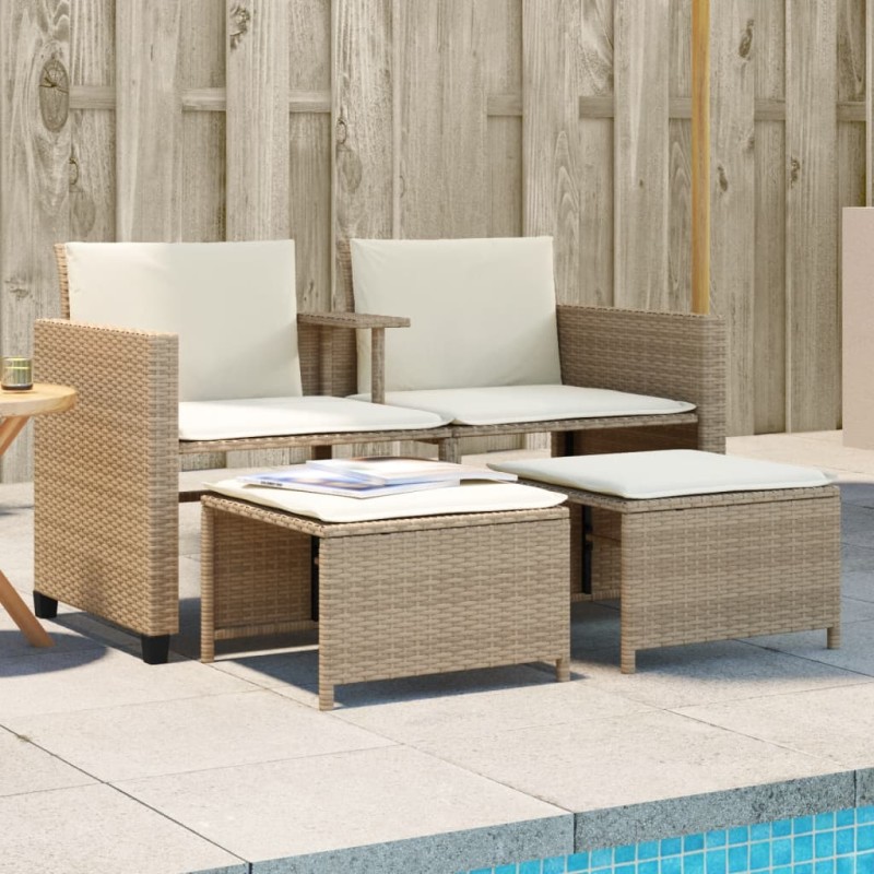 vidaXL Gartensofa 2-Sitzer mit Tisch und Hockern Beige Poly Rattan vidaXL Gartensofa 2-Sitzer mit Tisch und Hockern Beige Poly Rattan