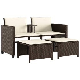 vidaXL Gartensofa 2-Sitzer mit Tisch und Hockern Braun Poly Rattan
